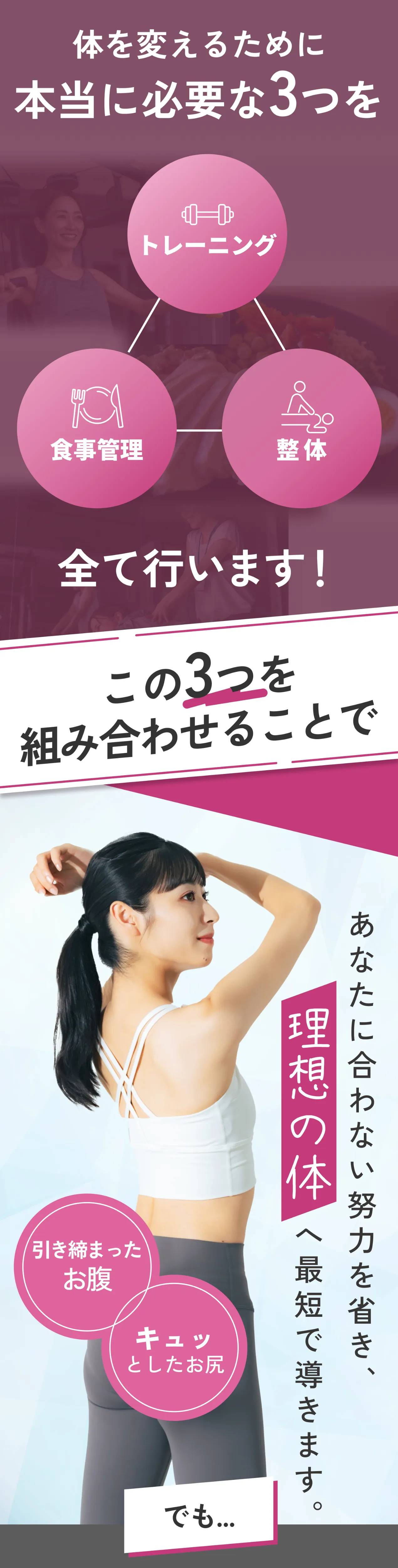 体を変えるために必要なトレーニング・食事管理・整体の3つを実施。合わない努力を省き、理想の体へ最短で導きます。